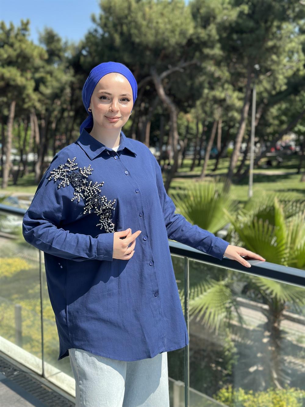 Keten Taş İşlemeli Gömlek Lacivert