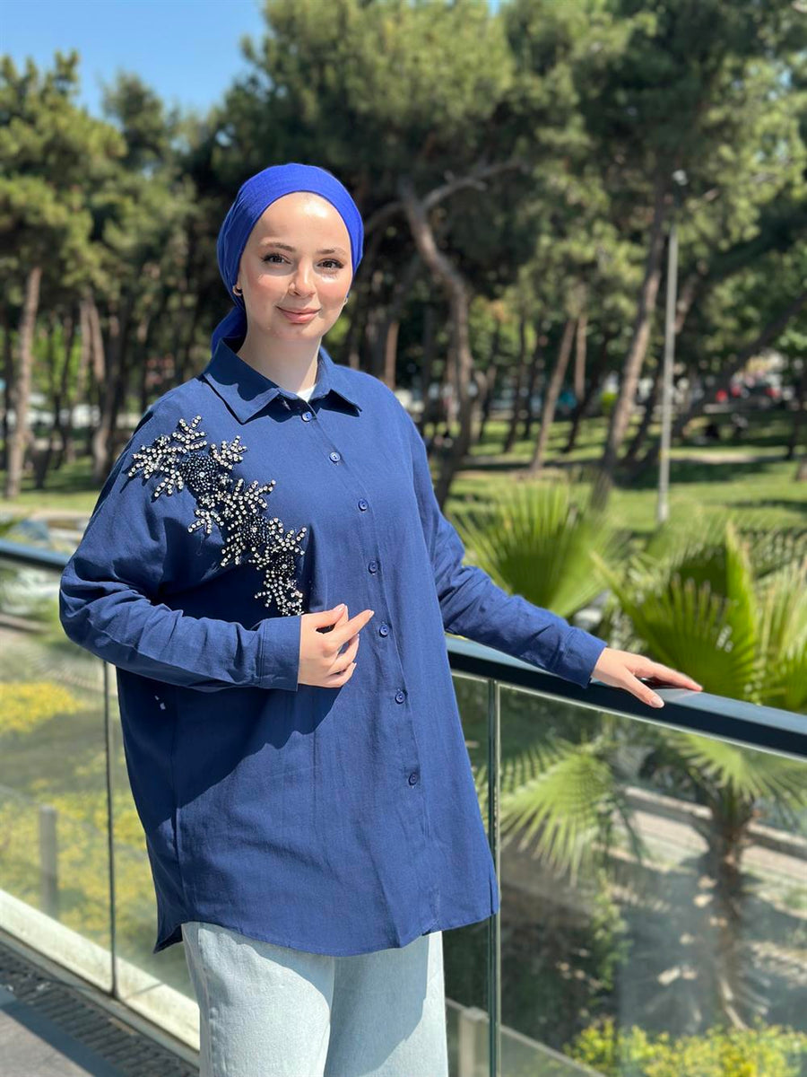 Keten Taş İşlemeli Gömlek Lacivert