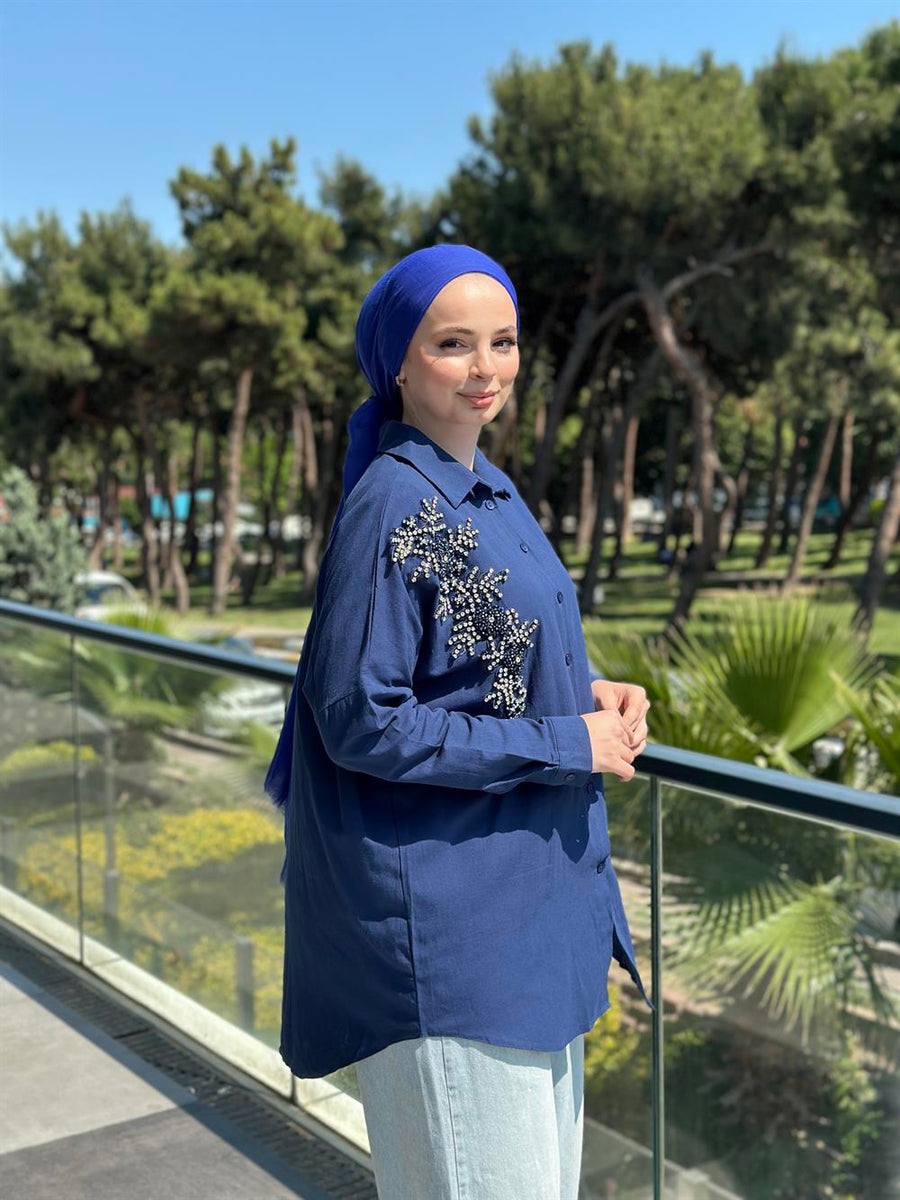 Keten Taş İşlemeli Gömlek Lacivert