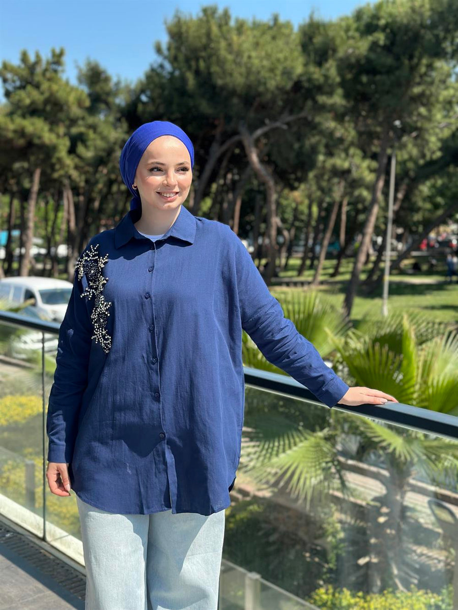 Keten Taş İşlemeli Gömlek Lacivert