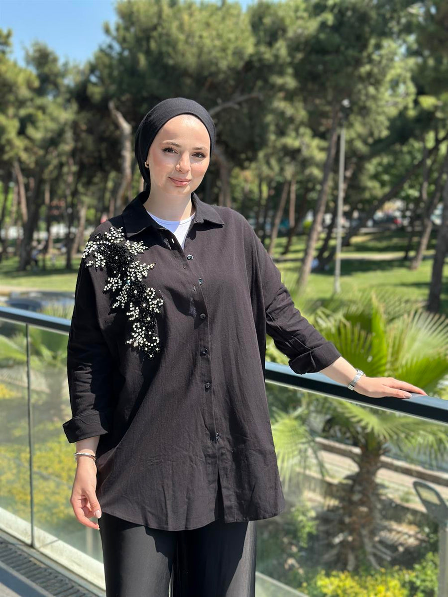 Keten Taş İşlemeli Gömlek Siyah