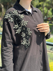 Keten Taş İşlemeli Gömlek Siyah