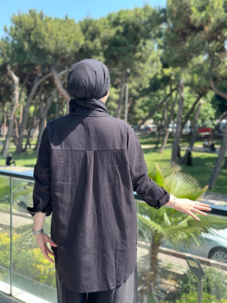 Keten Taş İşlemeli Gömlek Siyah