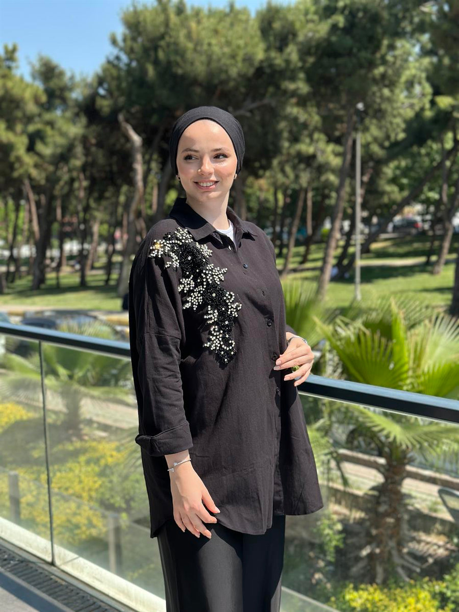 Keten Taş İşlemeli Gömlek Siyah