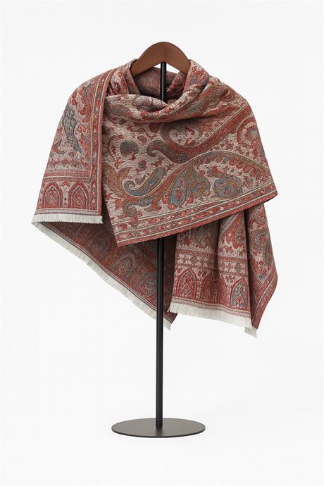 Kırmızı Gri Paisley Desenli Kaşmir Şal