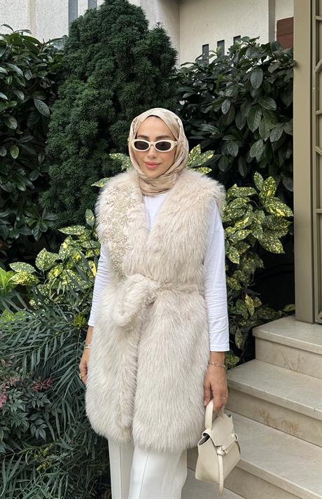 Kisya Yelek Krem İşlemeli