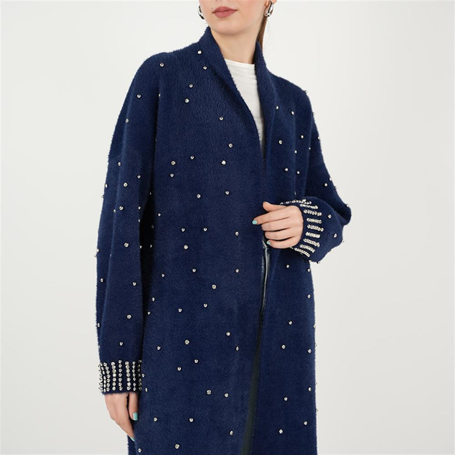 Kolları İnci Detaylı Sakal Hırka Lacivert