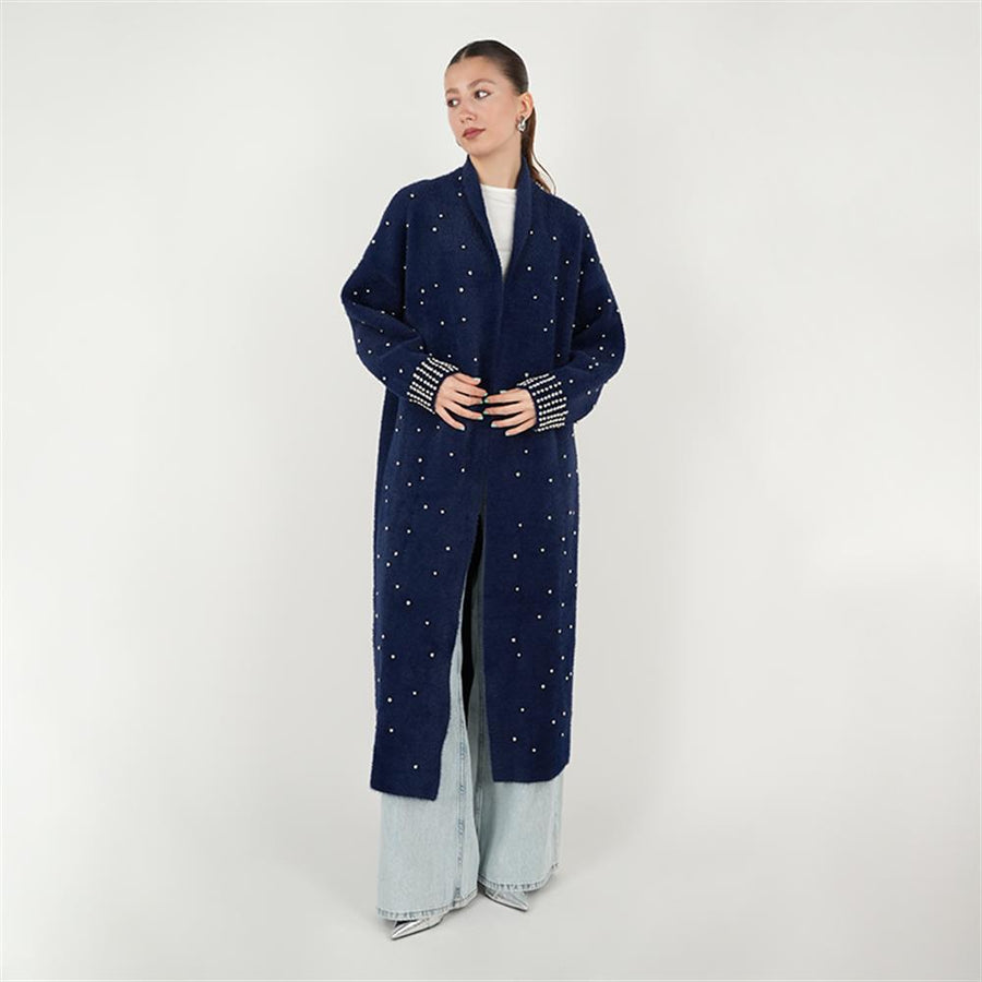 Kolları İnci Detaylı Sakal Hırka Lacivert