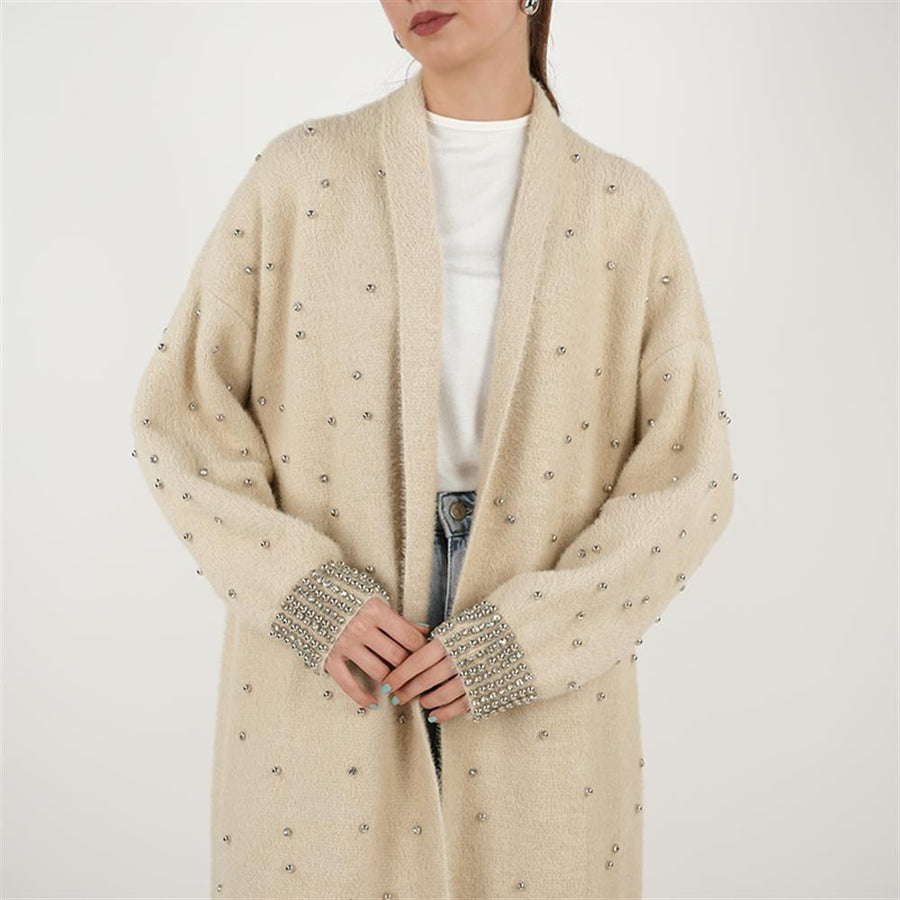 Kolları İnci İşlemeli Sakal İp Hırka Krem