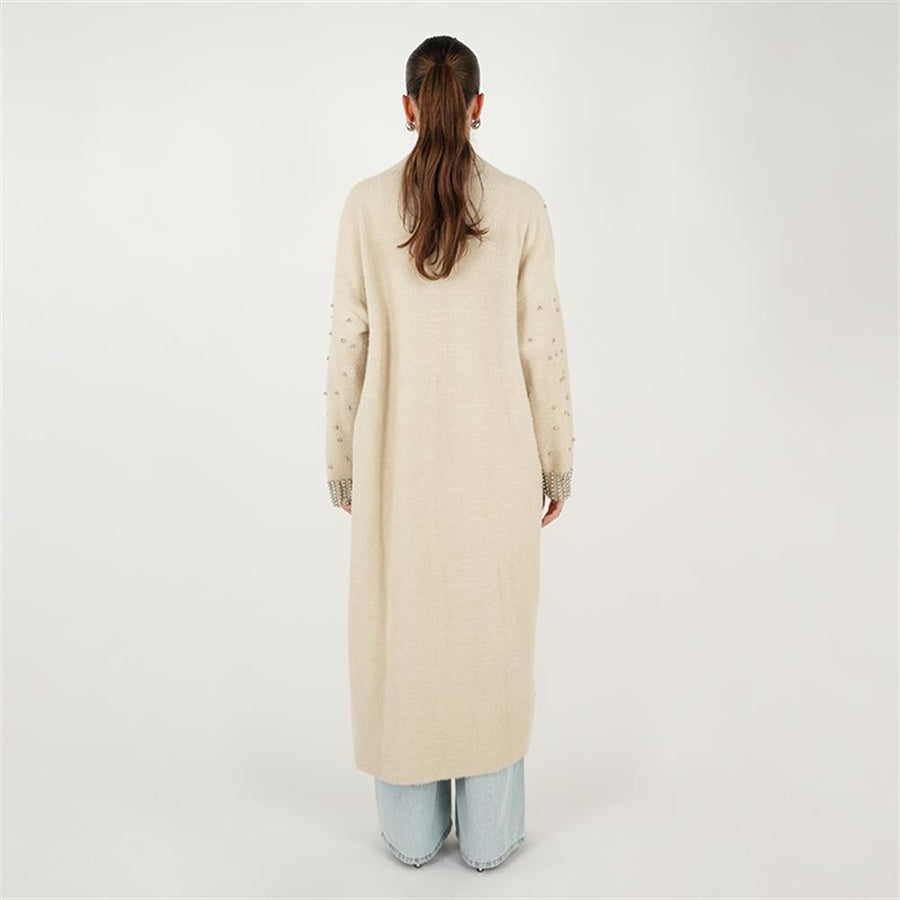 Kolları İnci İşlemeli Sakal İp Hırka Krem