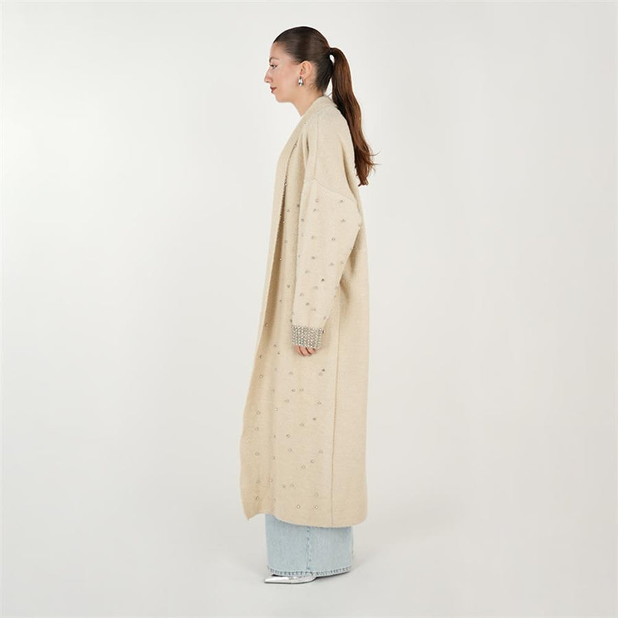 Kolları İnci İşlemeli Sakal İp Hırka Krem