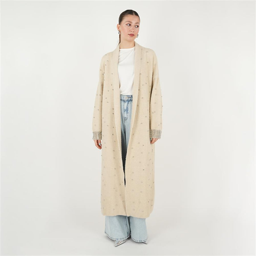 Kolları İnci İşlemeli Sakal İp Hırka Krem