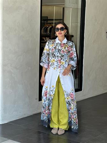 Lime Çiçek Desenli Keten Gömlekli Takım