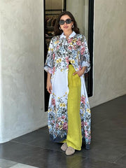Lime Çiçek Desenli Keten Gömlekli Takım