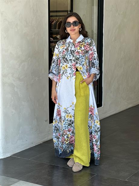 Lime Çiçek Desenli Keten Gömlekli Takım