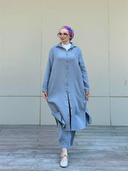 Müslin Uzun Düğmeli Gömlek Gri