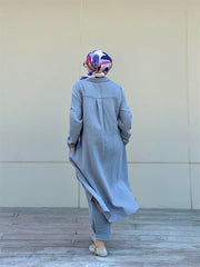 Müslin Uzun Düğmeli Gömlek Gri