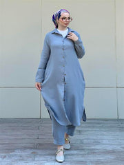 Müslin Uzun Düğmeli Gömlek Gri