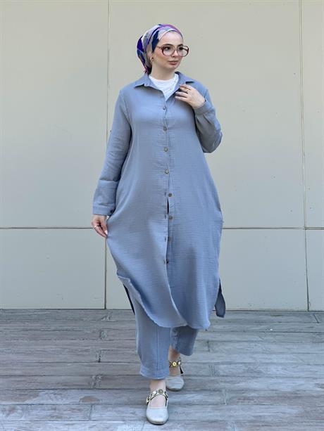 Müslin Uzun Düğmeli Gömlek Gri