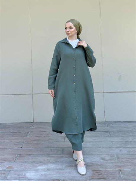 Müslin Uzun Düğmeli Gömlek Haki