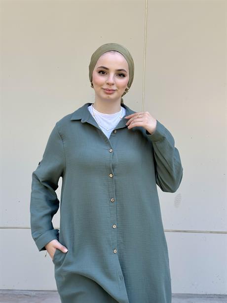 Müslin Uzun Düğmeli Gömlek Haki