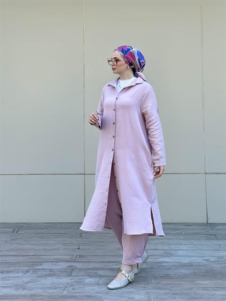 Müslin Uzun Düğmeli Gömlek Pudra