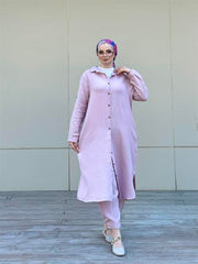 Müslin Uzun Düğmeli Gömlek Pudra