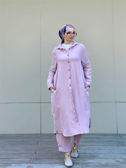 Müslin Uzun Düğmeli Gömlek Pudra