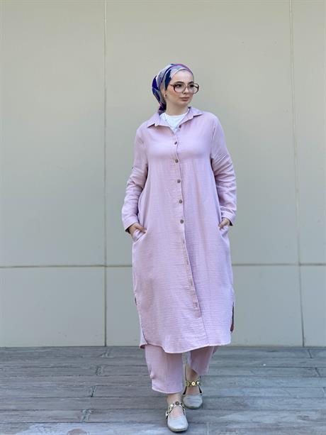 Müslin Uzun Düğmeli Gömlek Pudra