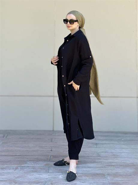 Müslin Uzun Düğmeli Gömlek Siyah