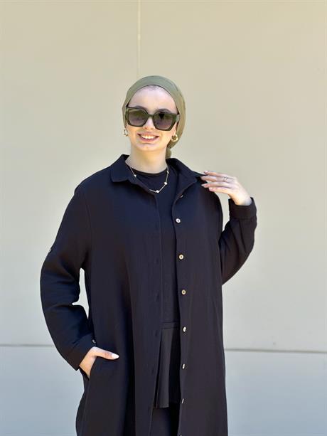 Müslin Uzun Düğmeli Gömlek Siyah