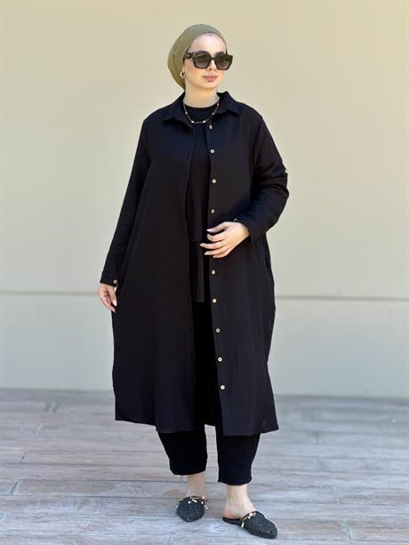 Müslin Uzun Düğmeli Gömlek Siyah