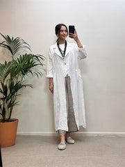 Önden Üç Düğmeli Cepli Keten Kap Beyaz