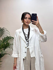 Önden Üç Düğmeli Cepli Keten Kap Beyaz
