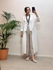Önden Üç Düğmeli Cepli Keten Kap Beyaz