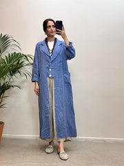 Önden Üç Düğmeli Cepli Keten Kap Mavi