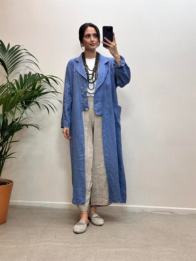 Önden Üç Düğmeli Cepli Keten Kap Mavi