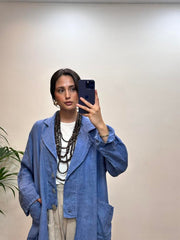 Önden Üç Düğmeli Cepli Keten Kap Mavi