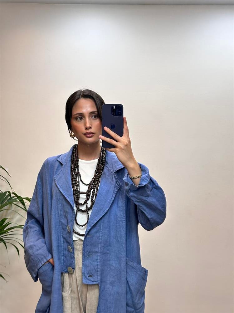 Önden Üç Düğmeli Cepli Keten Kap Mavi