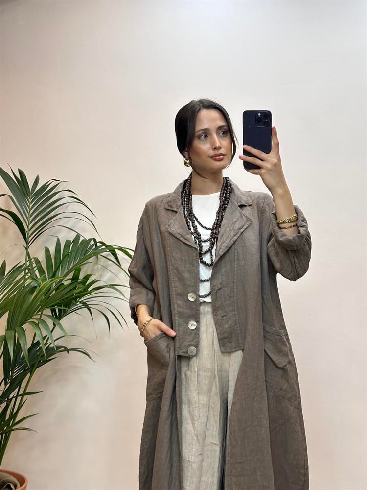 Önden Üç Düğmeli Cepli Keten Kap Vizon