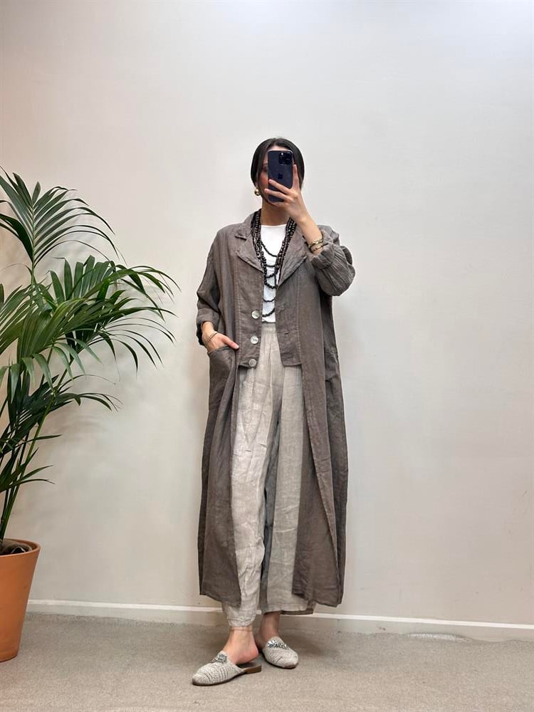 Önden Üç Düğmeli Cepli Keten Kap Vizon