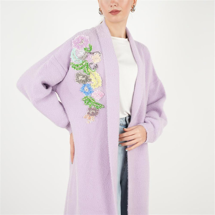 Renkli Taşlı Angora Hırka Lila