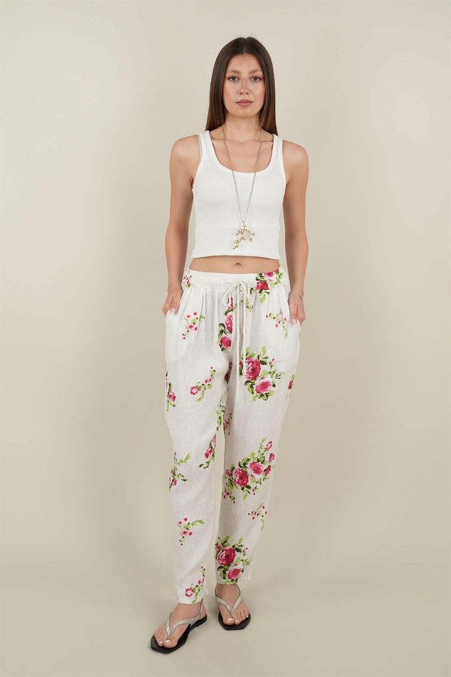 Rose Model Bağlamalı Keten Pantolon Beyaz