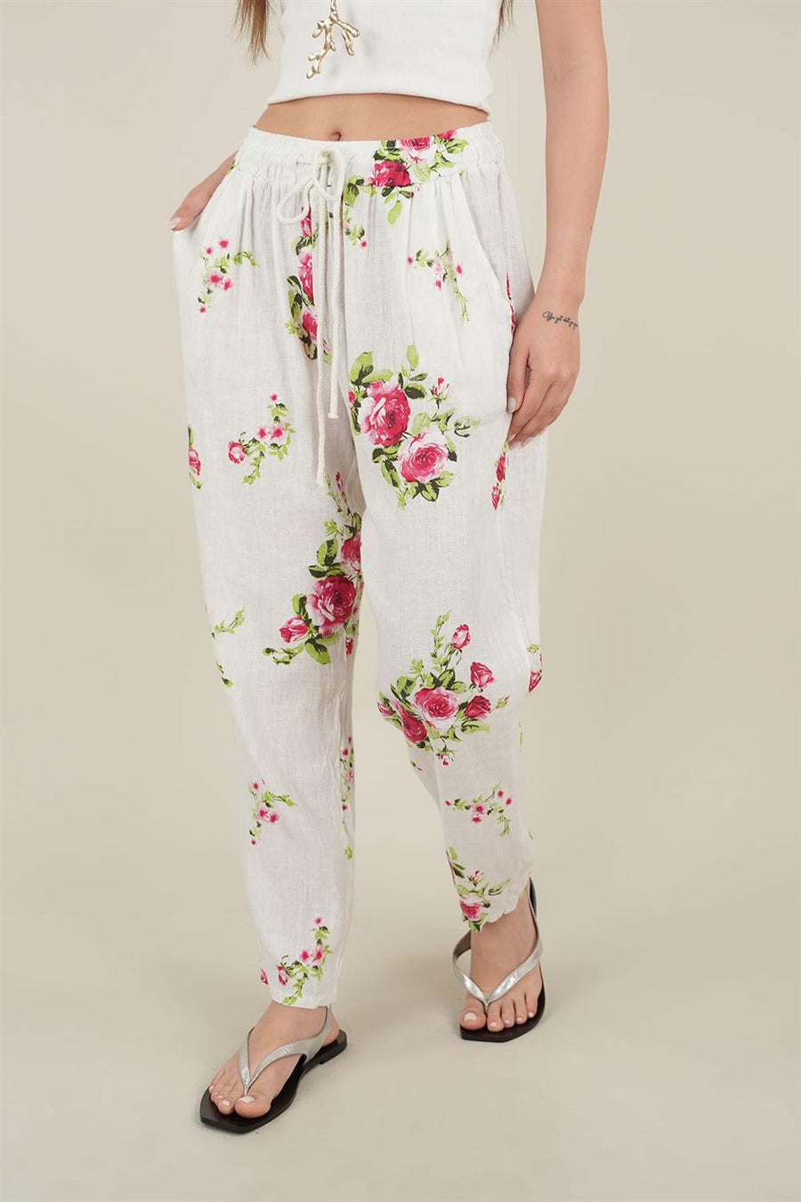 Rose Model Bağlamalı Keten Pantolon Beyaz