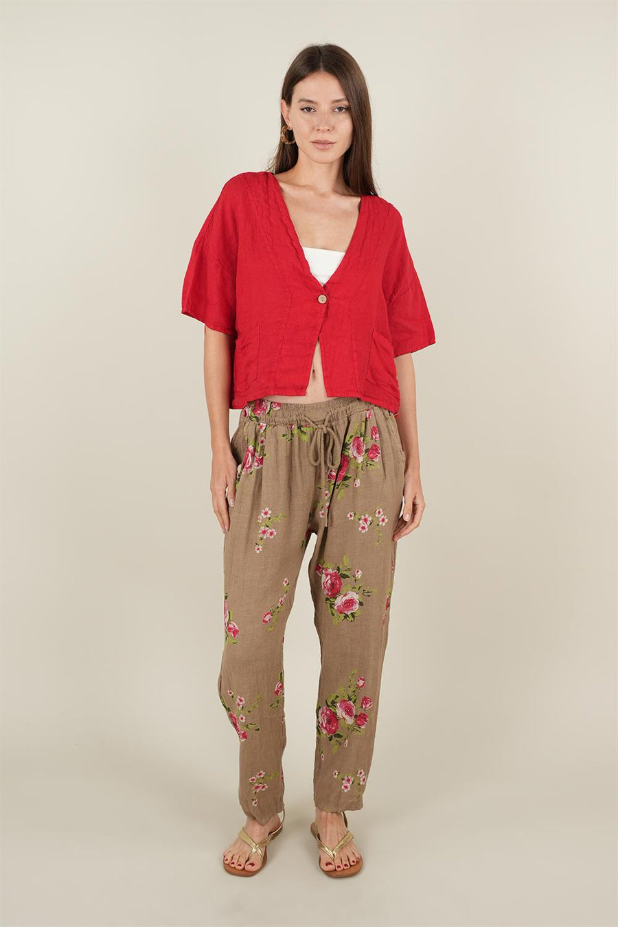 Rose Model Bağlamalı Keten Pantolon Camel