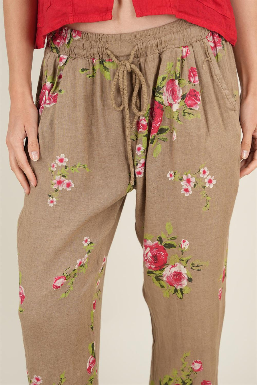 Rose Model Bağlamalı Keten Pantolon Camel