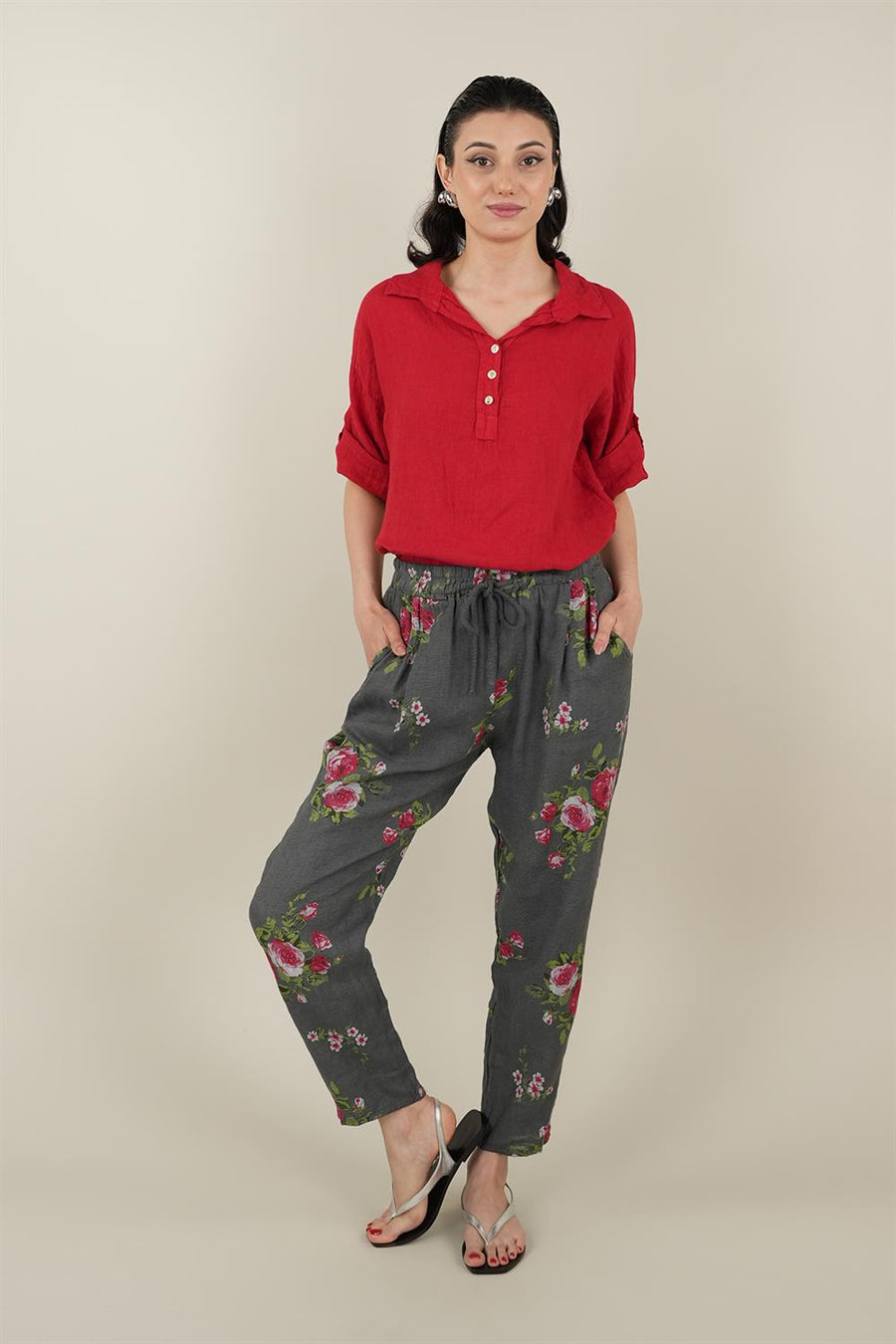 Rose Model Bağlamalı Keten Pantolon Gri