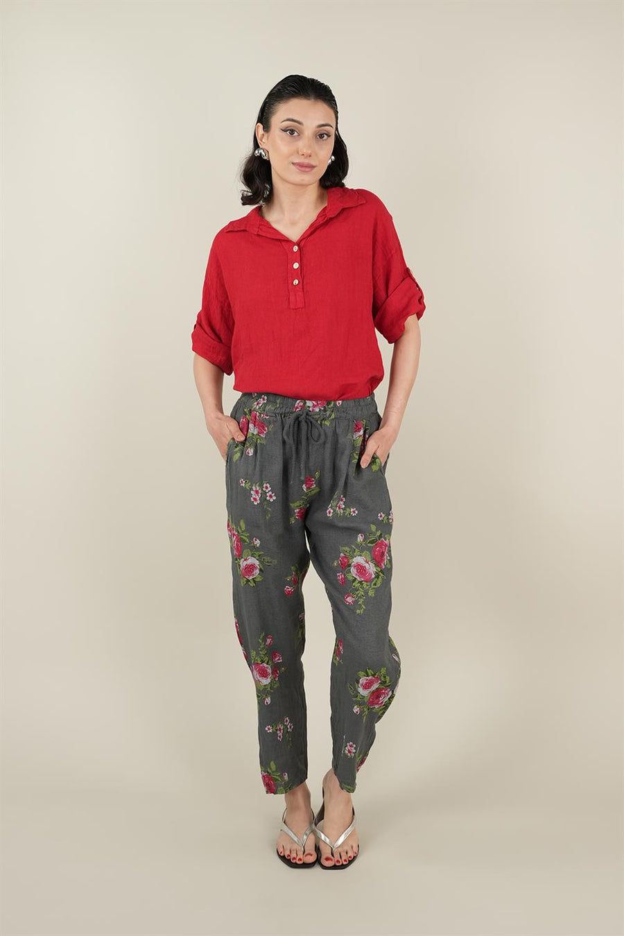 Rose Model Bağlamalı Keten Pantolon Gri