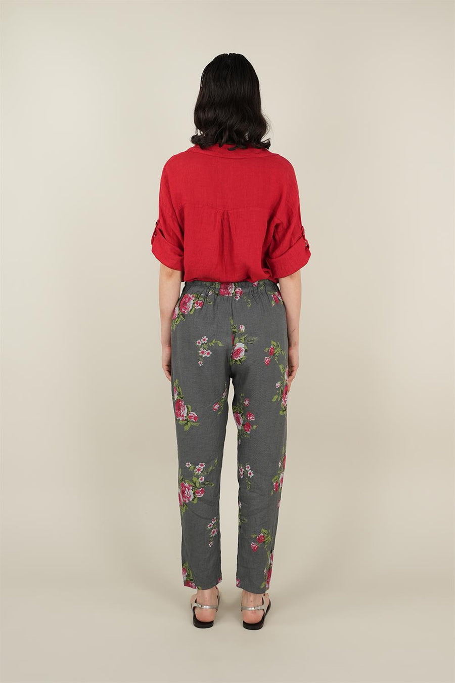 Rose Model Bağlamalı Keten Pantolon Gri