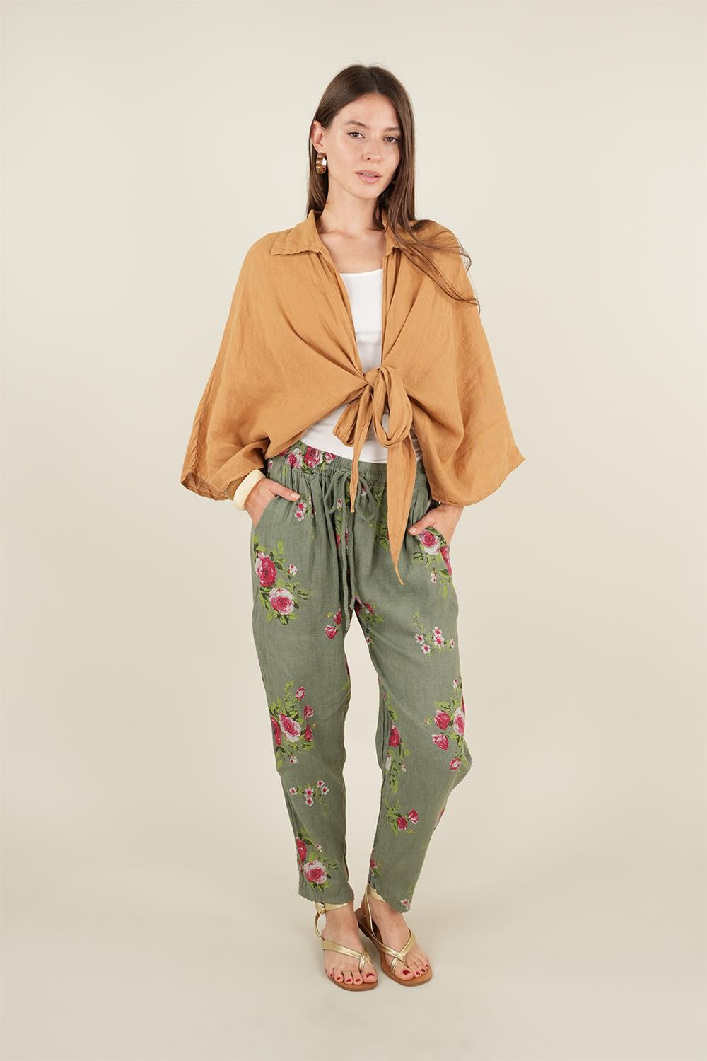 Rose Model Bağlamalı Keten Pantolon Haki